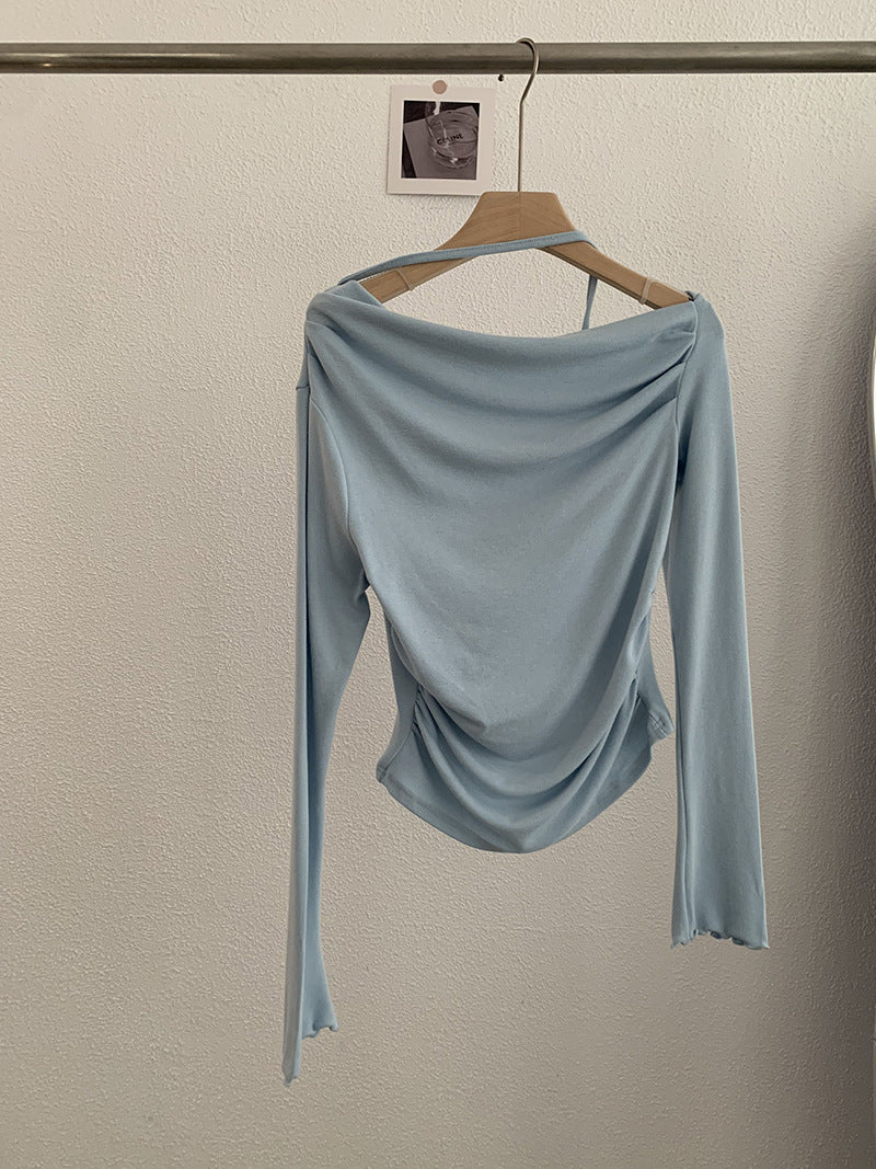 Shoulder Collar Solid Color Slim Fit Slimming Long Sleeves Inner Bottoming T-shirt