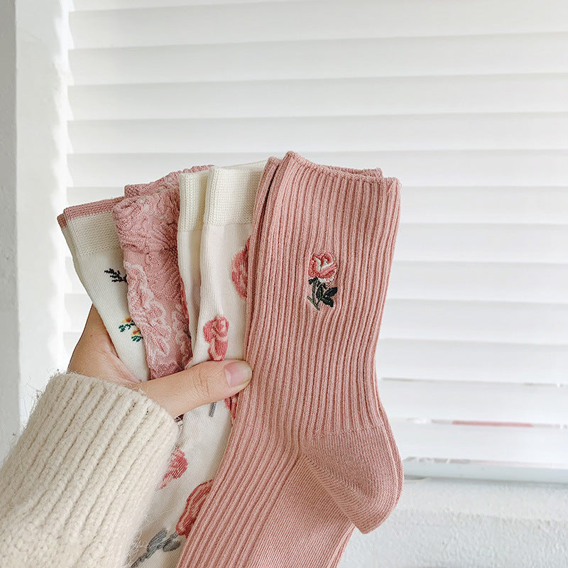 Rose Sweet Scented Vintage Embossed Floral Embroidered Mid-calf Socks