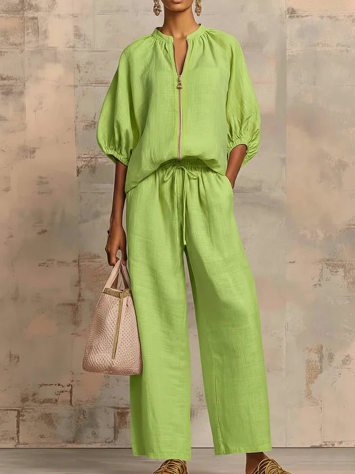 Solid-color Casual Loose-fitting Zip-up Sweatshirt And Straight-leg Pants Set