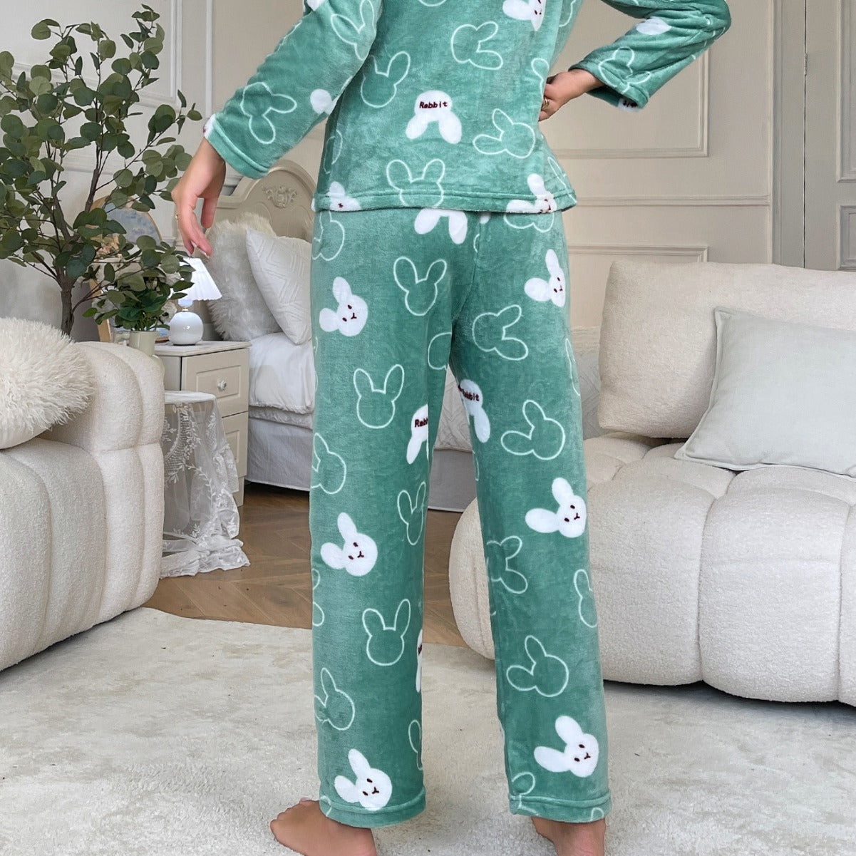 Womens Flannel Cartoon Rabbit-Print Long-Sleeve Pajama Set With Long Pants