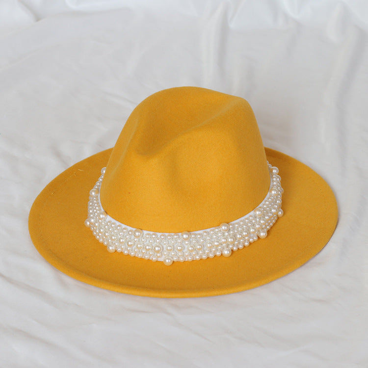 Handmade Pearl Top Hat Big Brim Fur Felt Hat