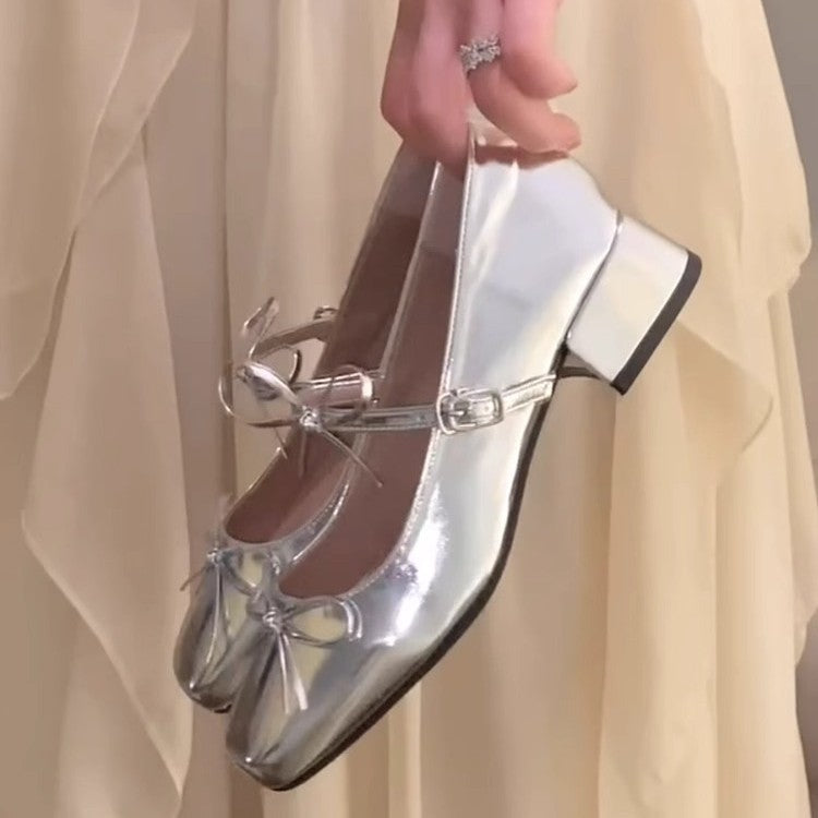 Silver Beautiful Small Single-layer Shoes Square Toe Bow