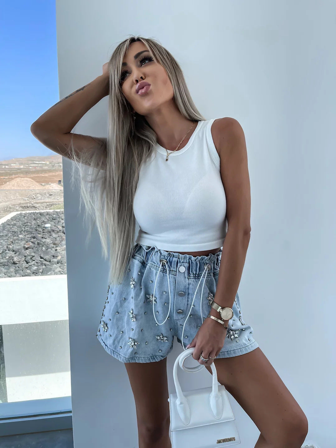 Rhinestones Go With Denim Shorts