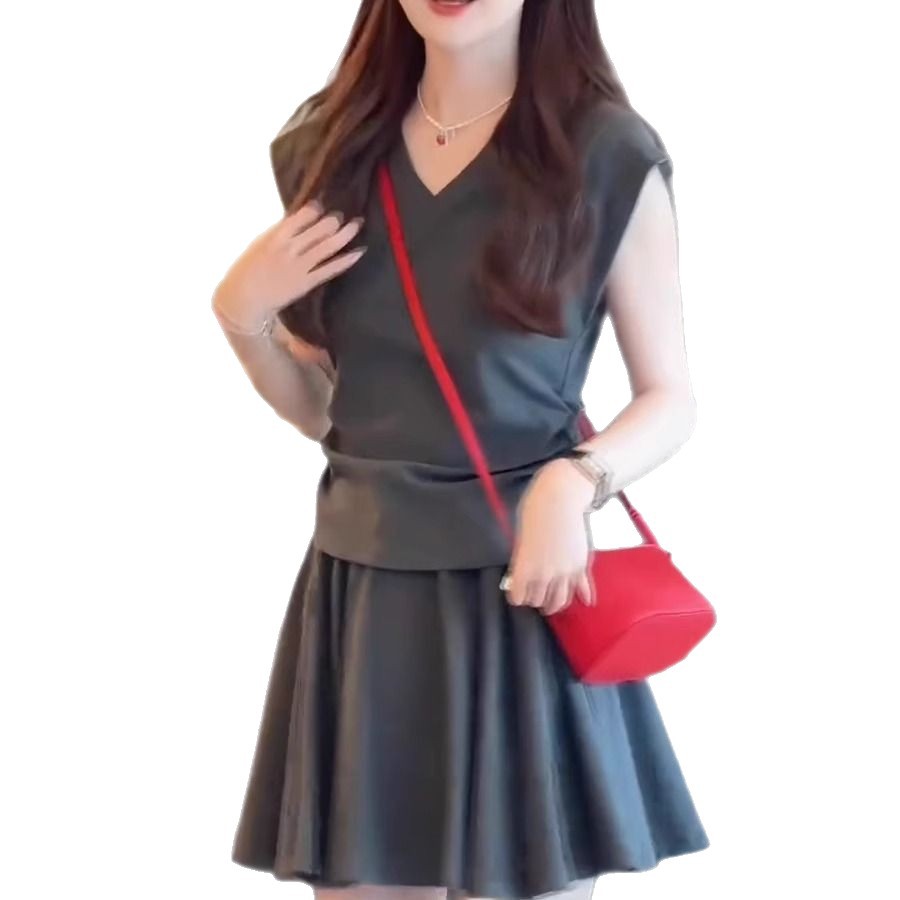 Solid-color Casual Waist-cinching Vest And Skirt Two-piece Set