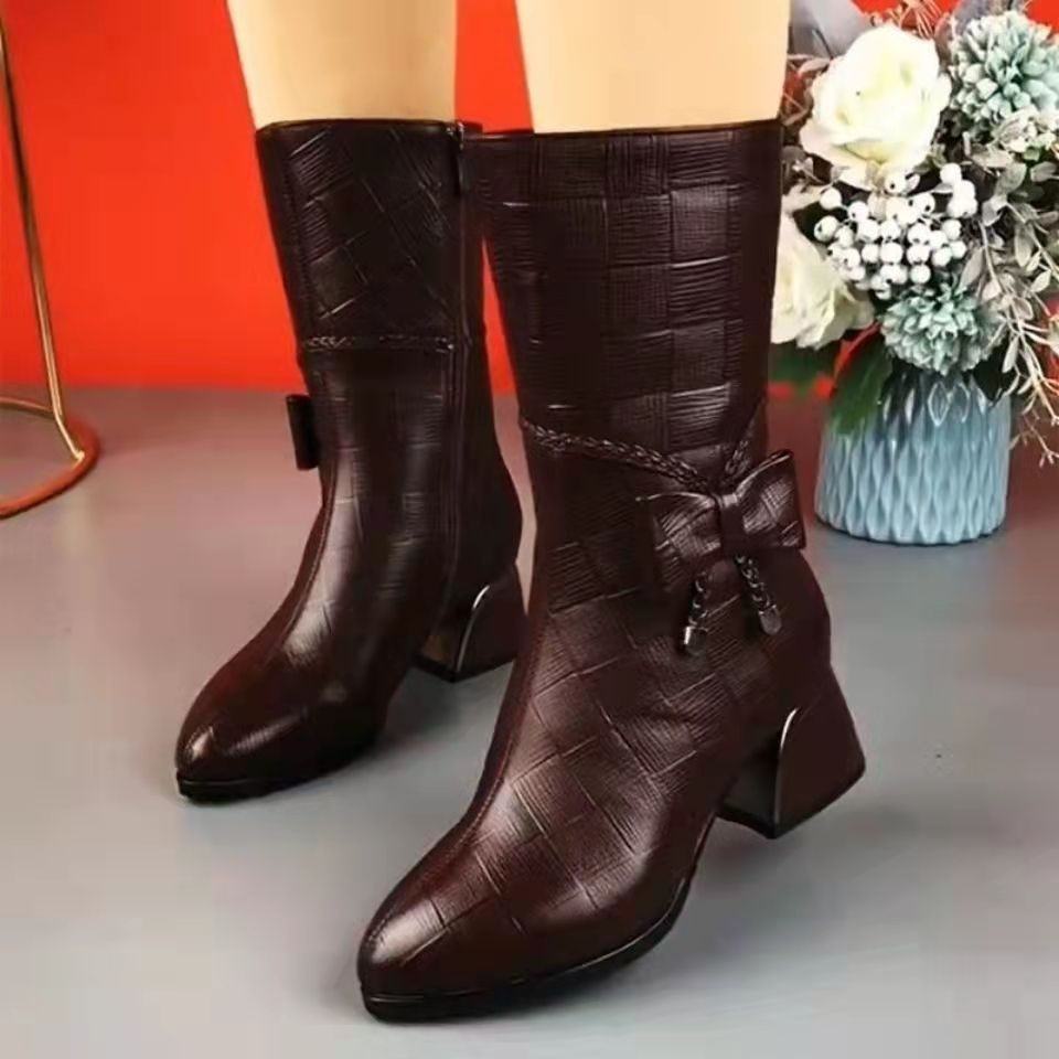 Ladies Casual Fashion Boots Round Toe Square Heel Side Zip Mid Boots