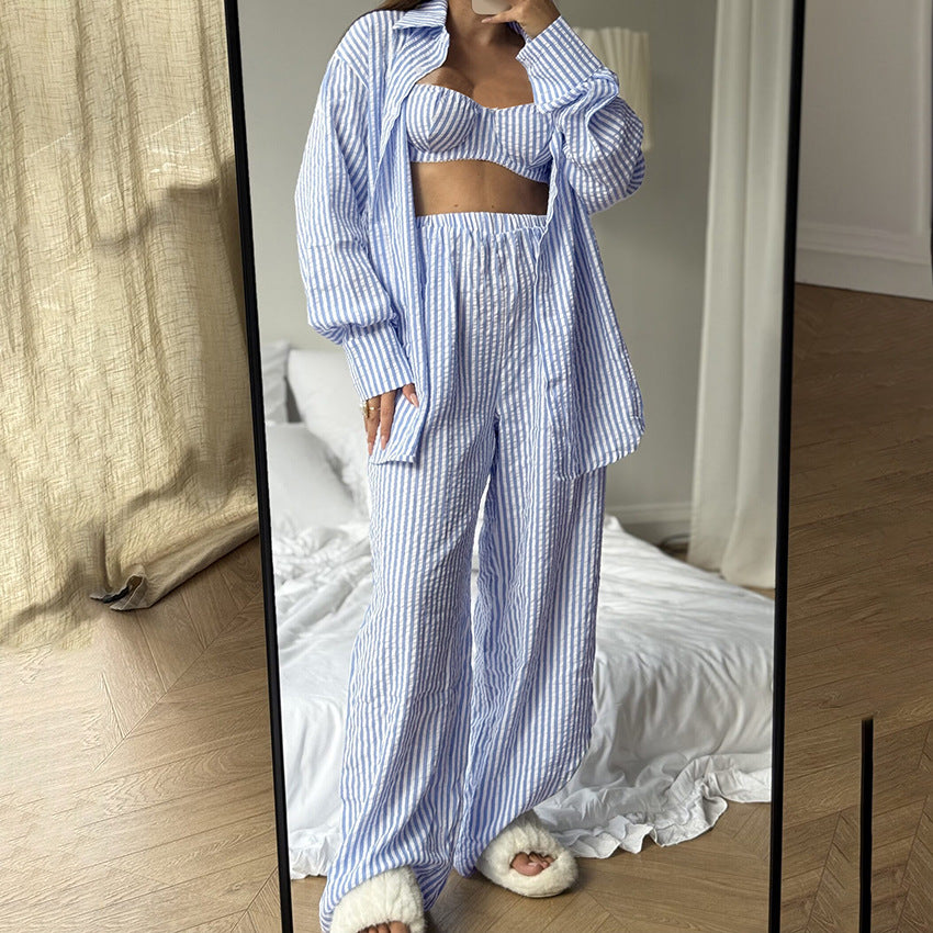 Soft Skin-friendly Womens New Striped Three-piece Set