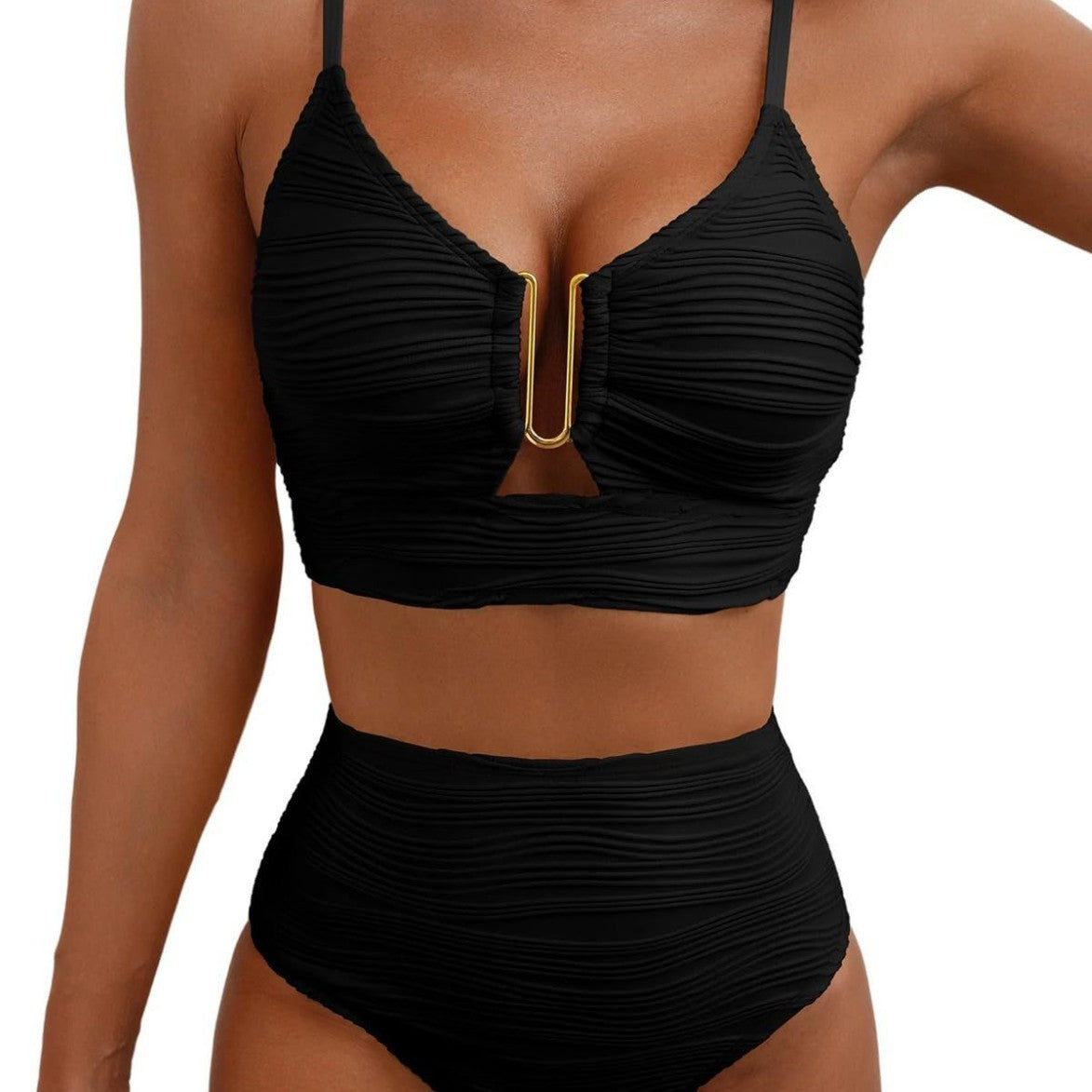 New V-neck Hollow-out Bikini With High-waisted Textured Ruffle Detailing