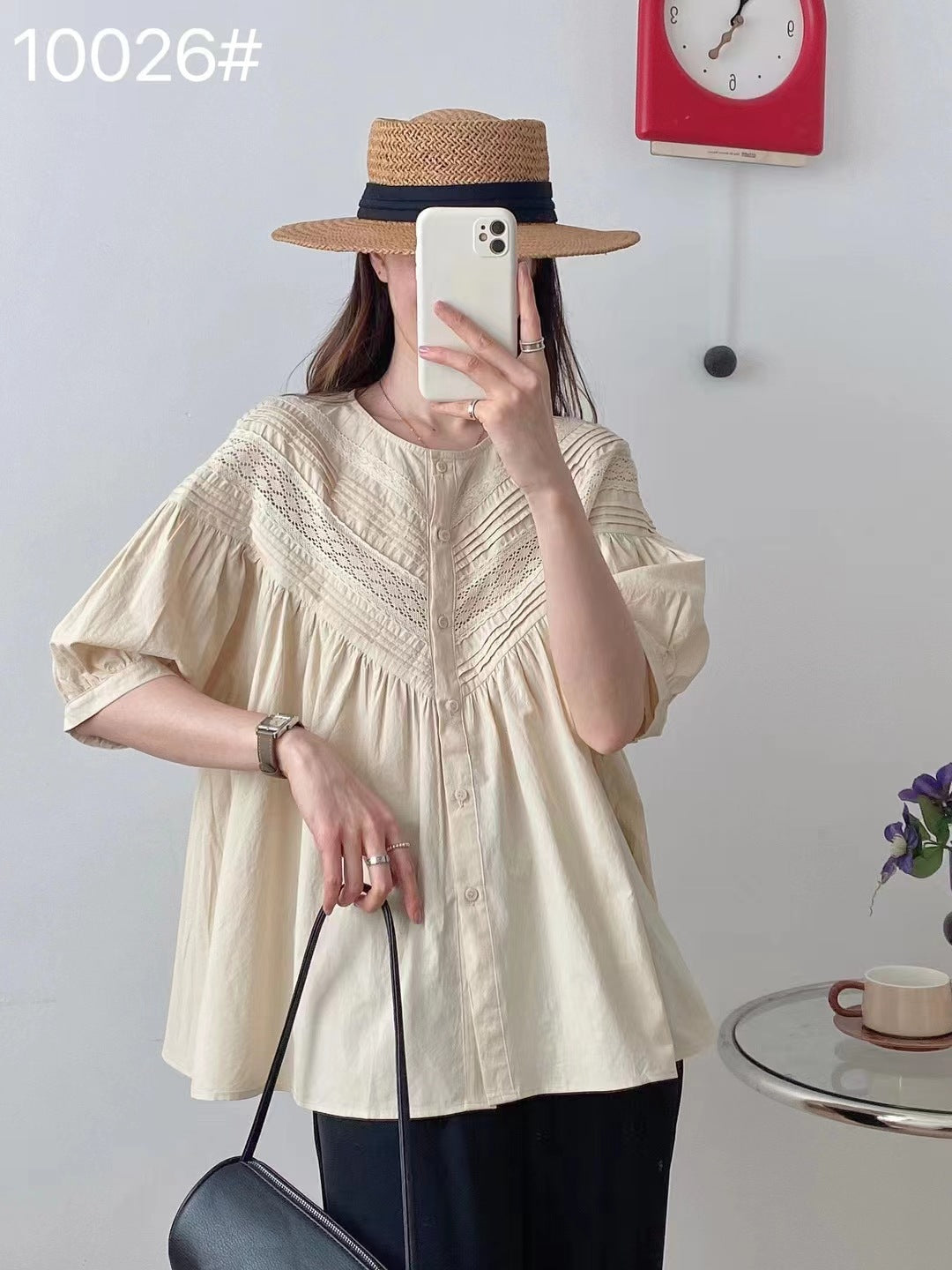 Solid Color Lace Round Neck Younger Short Sleeve Shirt Top