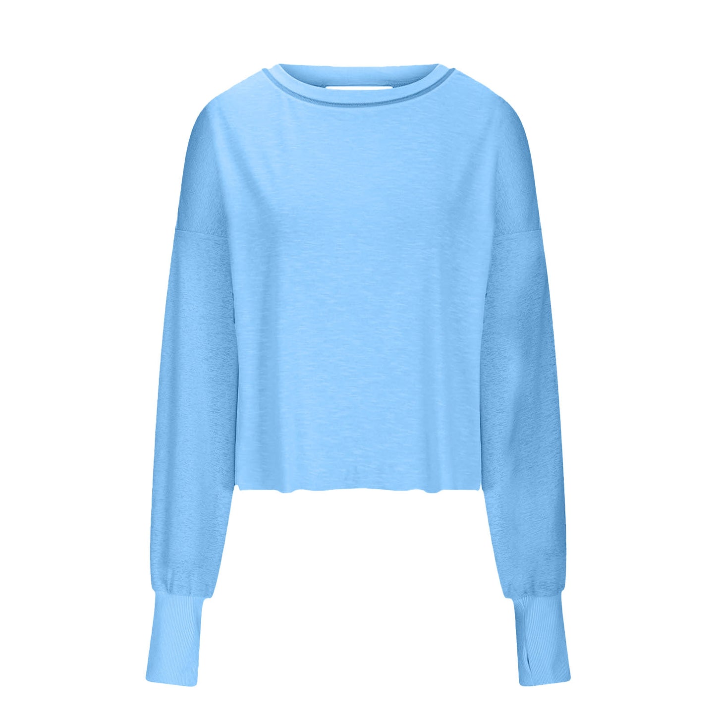 Løs langærmet rygløs top til kvinder, udskåret kort T-shirt med rund hals