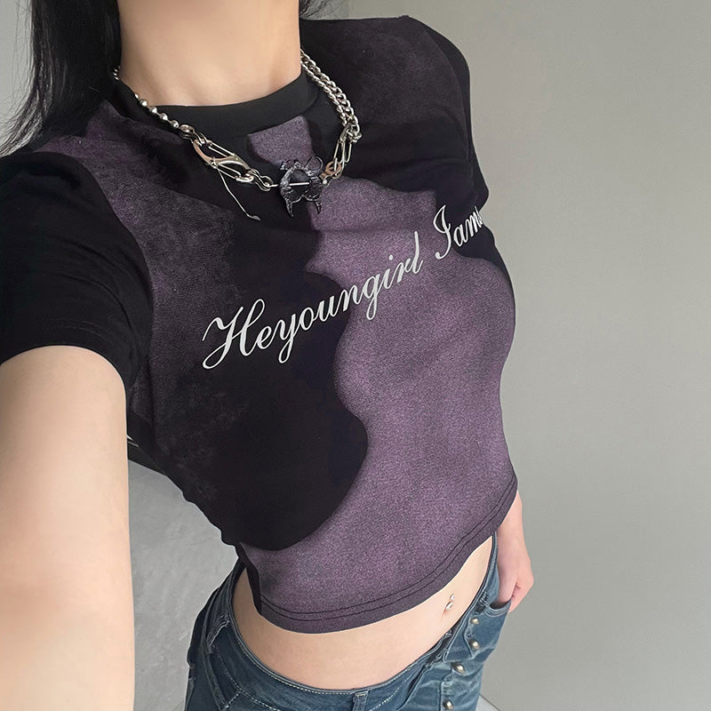 Abstract Face Print Color Contrast T-shirt Women's Slim Fit
