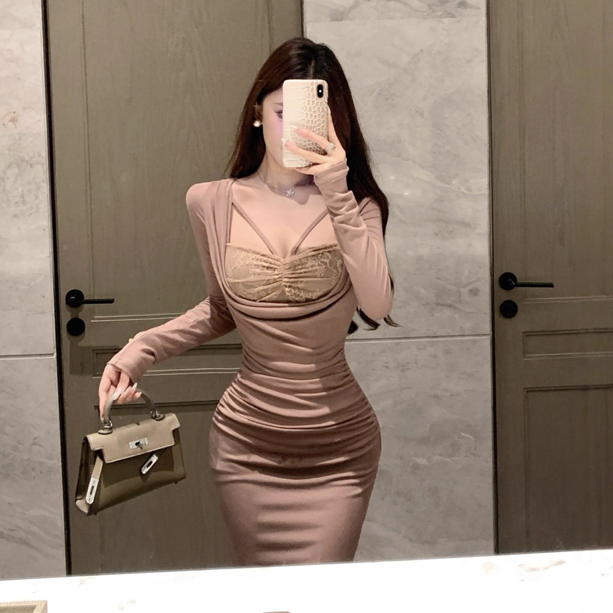 Womens Lace-Patchwork Mock Two-Piece Waist-Cinching Bodycon Dress