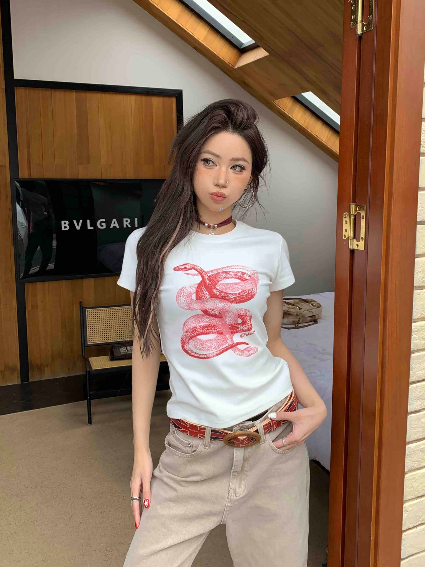 Women's Slim Fit Casual Printed Short Sleeves Short T-shirt