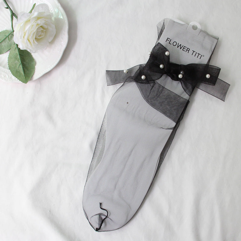 Lace-up Bowknot Pearl-in-tube Transparent Sheer Mesh Socks