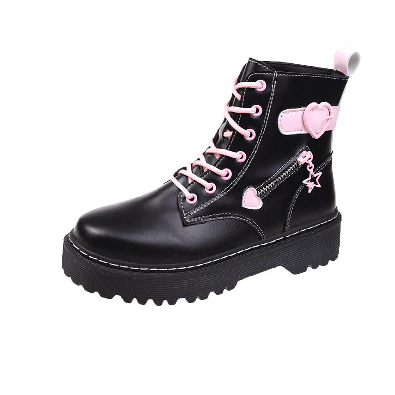 Lace-up British Boots Heart Zipper Black