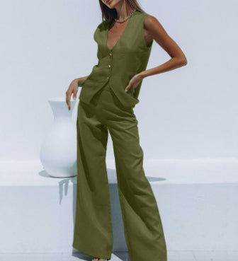 Fashion Casual Women's Cotton And Linen Trousers Suit Two-piece Set