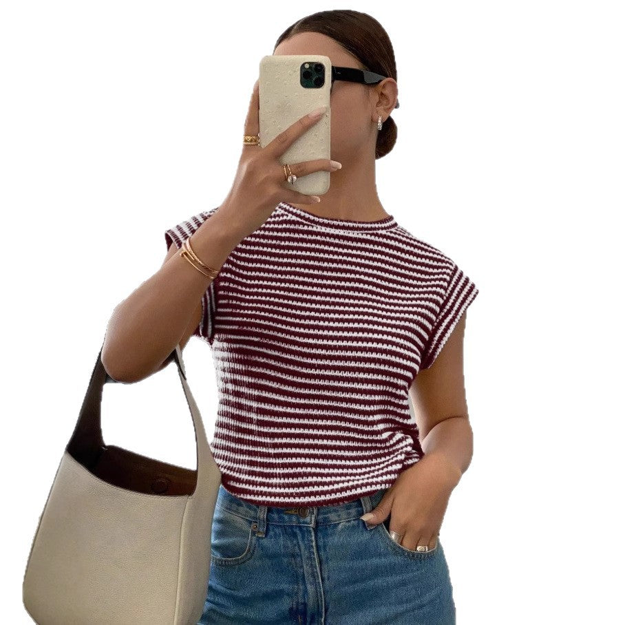 Womens New Summer Striped Crew-Neck Fashion Knit T-Shirt For Women