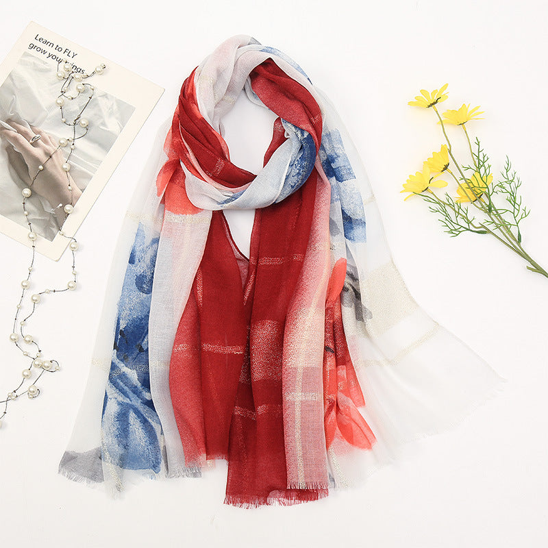Women's Cotton And Linen Fleece Trimmed Printed Scarf