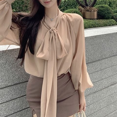 Lantern-sleeve Chiffon Blouse For Women Springautumn, Pure And Alluring French Style