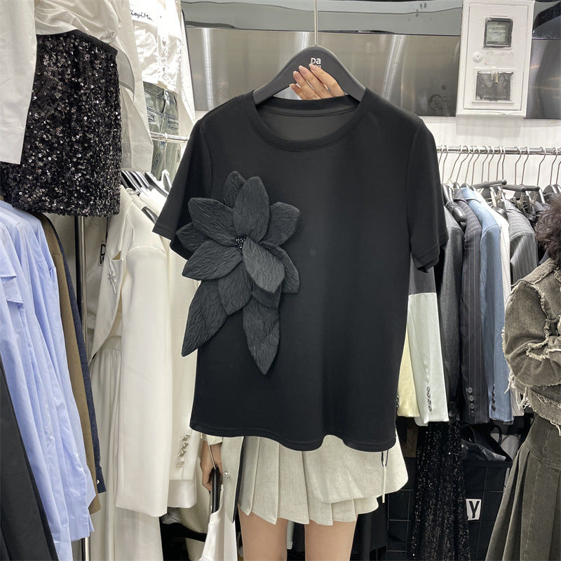 Tredimensionel blomster-air-layer kortærmet T-shirt til kvinder