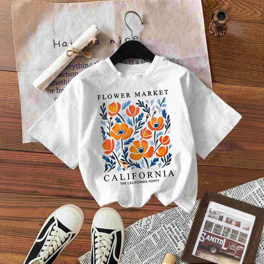 Round Neck Short Sleeve Flower Letter Pattern Printed Summer New T-shirt Women's Shirt