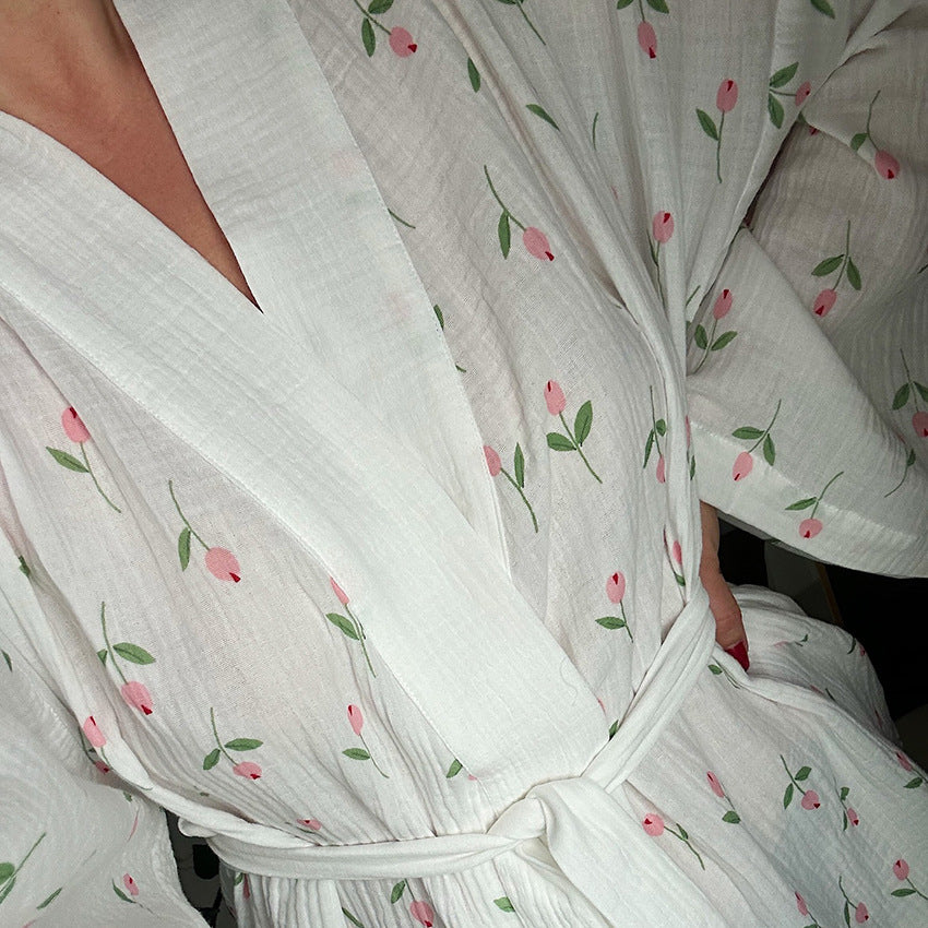 AutumnWinter Tulip-Print Long-Sleeve NightgownBathrobe