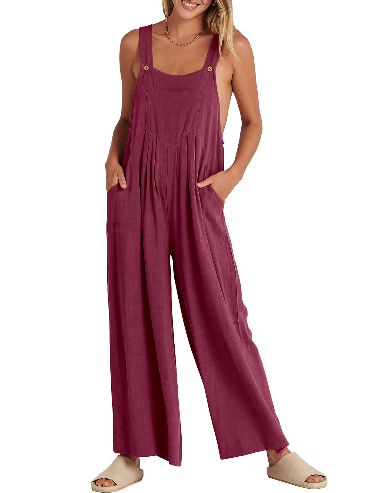 Women's Solid Color Loose Casual Cotton And Linen Suspender Jumpsuit