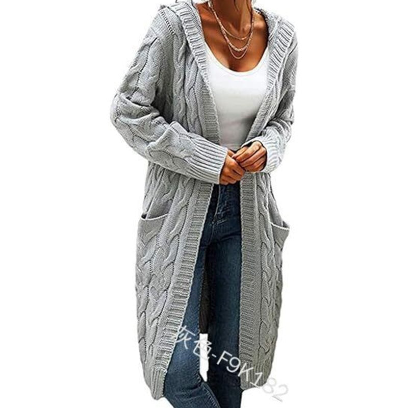 Long Knitted Plus-size Solid-color Sweater With Long Sleeves And Pockets