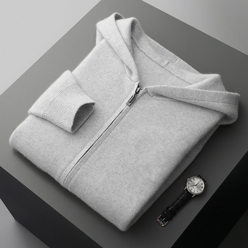 Men's Cashmere Cardigan Youth Casual Hooded Zipper Thickening Cardigan