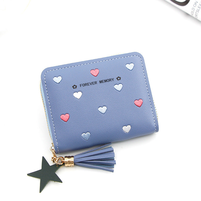 Embroidered Love Korean Women's Wallet Short Clutch Little Girl Coin Purse Women's Zipper Bag Card Holder Card Case