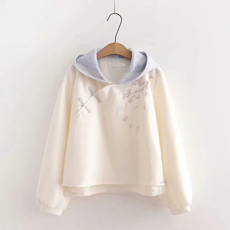 Haftowana bluza z kapturem z retro guzikami w kształcie dysku, wełniany komplet szortów