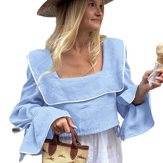 Womens Designer Square-neck Top With Flared Sleeves And Tie Detail