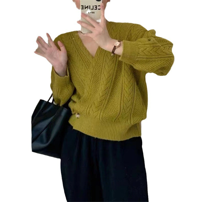Korean Style V-neck Diagonal Button Twist Knitted Cardigan