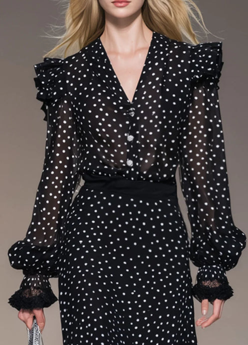Retro Vacation Polka Dot Black Chiffon Long sleeved Shirt And Skirt Set