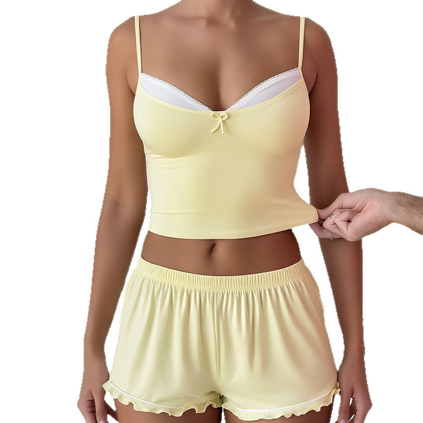 Sexy Spaghetti Straps Knitted Shorts Home Wear Two-piece Set