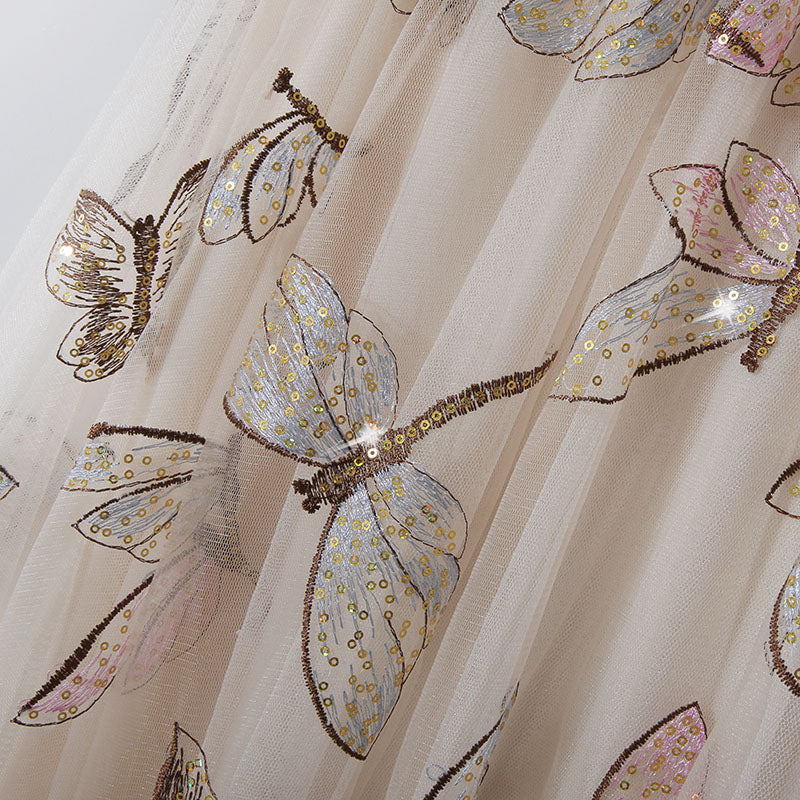 Golden Silk High Waist Sweet Slim Retro Lace Dragonfly Sequin Embroidery Mid Length Skirt