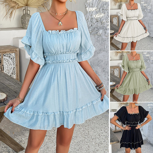 Casual Resort-Style Solid-Color Ruffle-trimmed Short-sleeve Dress
