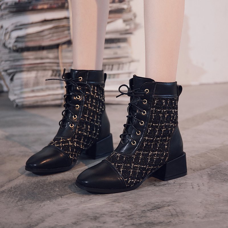 Round Toe Thick Heel Women's Boots With Front Lace Lattice