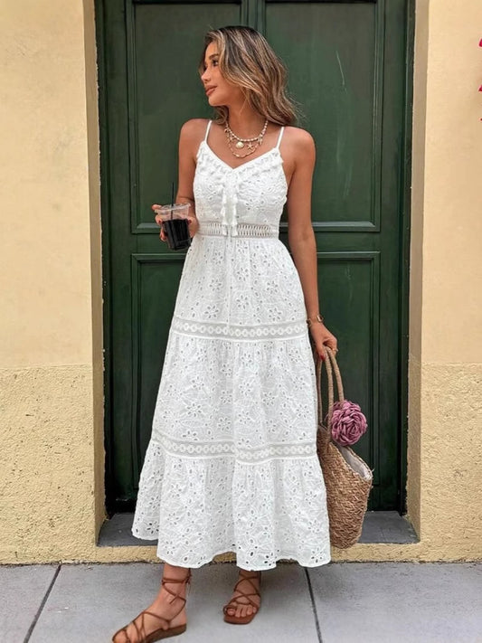 White V-collar Hollow Tassel Embroidered Dress