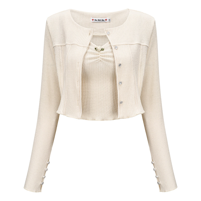 Retro Cute Flower Sling Rib Knit Cardigan Women's Suit