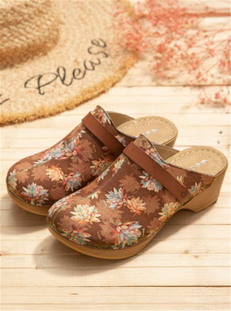 Maple Leaf Print Sandals Female Baotou High-heeled Wedge Sandals