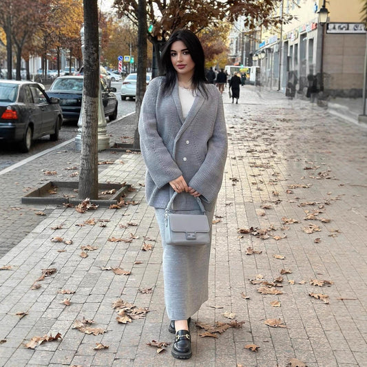 New Double-breasted Button Sweater Jacket And Sheath Skirt Set