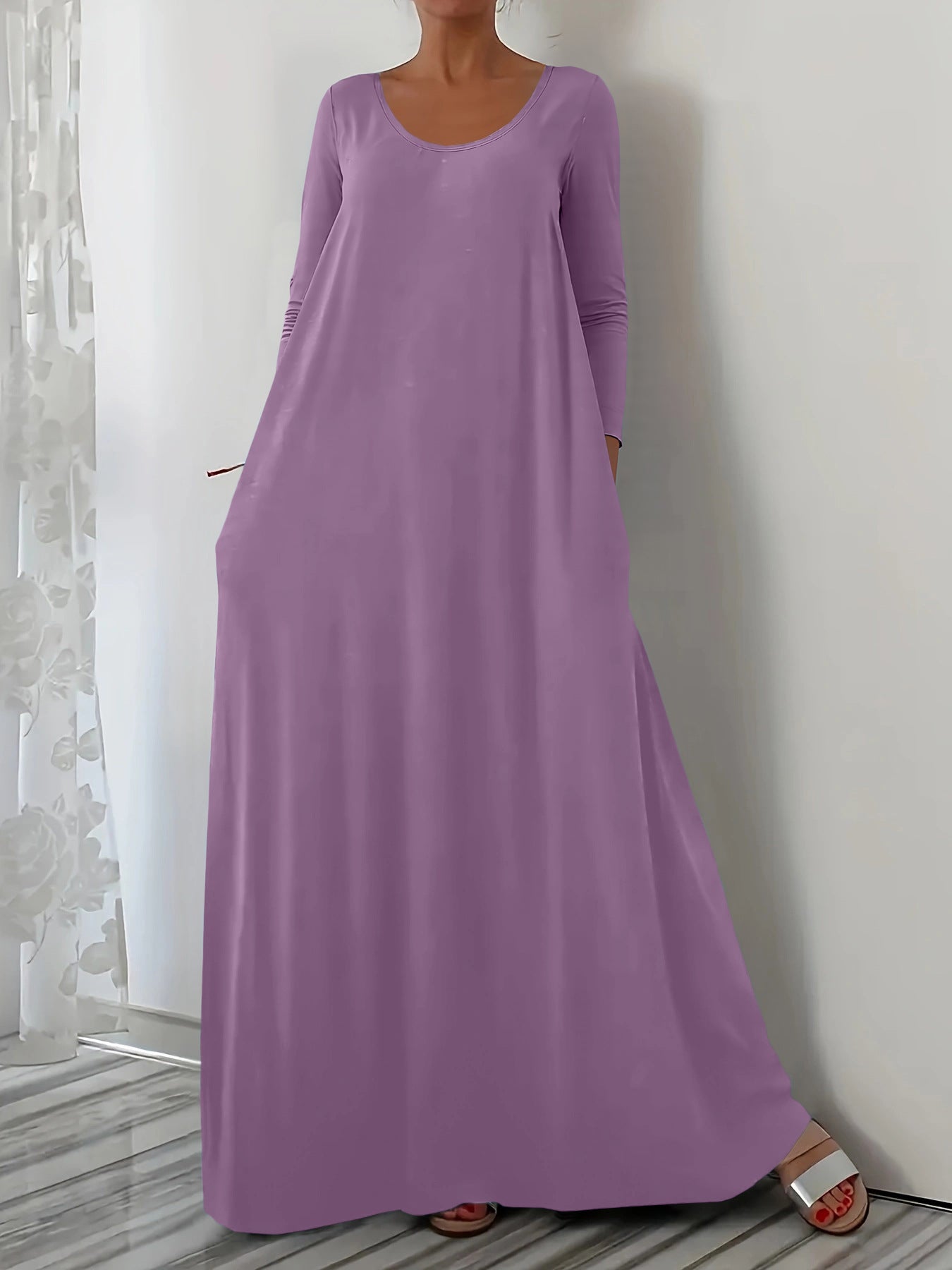 Female Loose Fit Simple Long Solid-color Dress