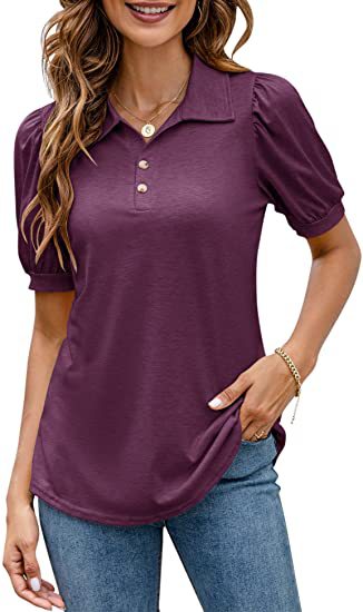 Polo T-shirt med knaplukning i halsen, pufærmer, løstsiddende T-shirt-skjorte