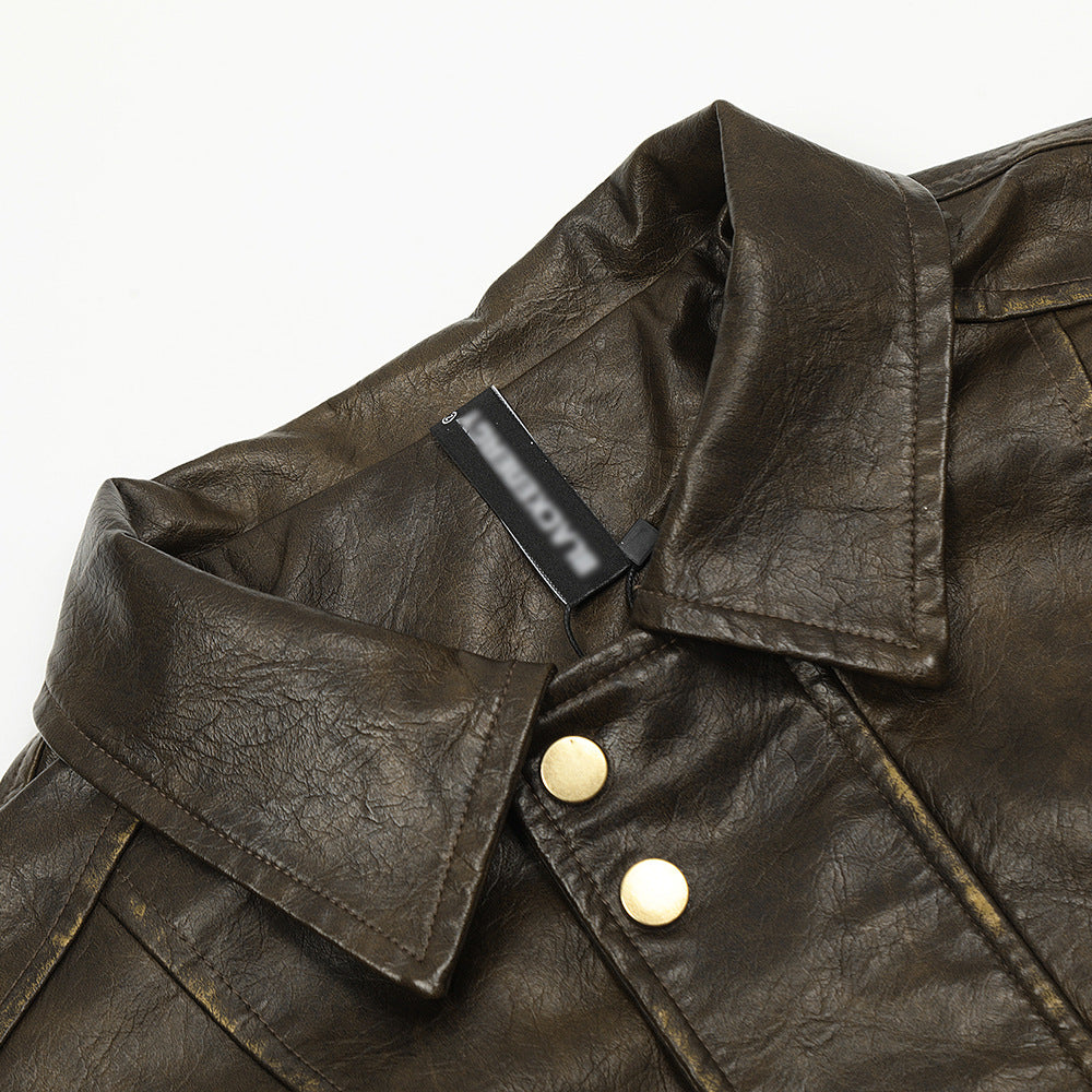 Vintage Distressed PU Leather Jacket Men's High Street