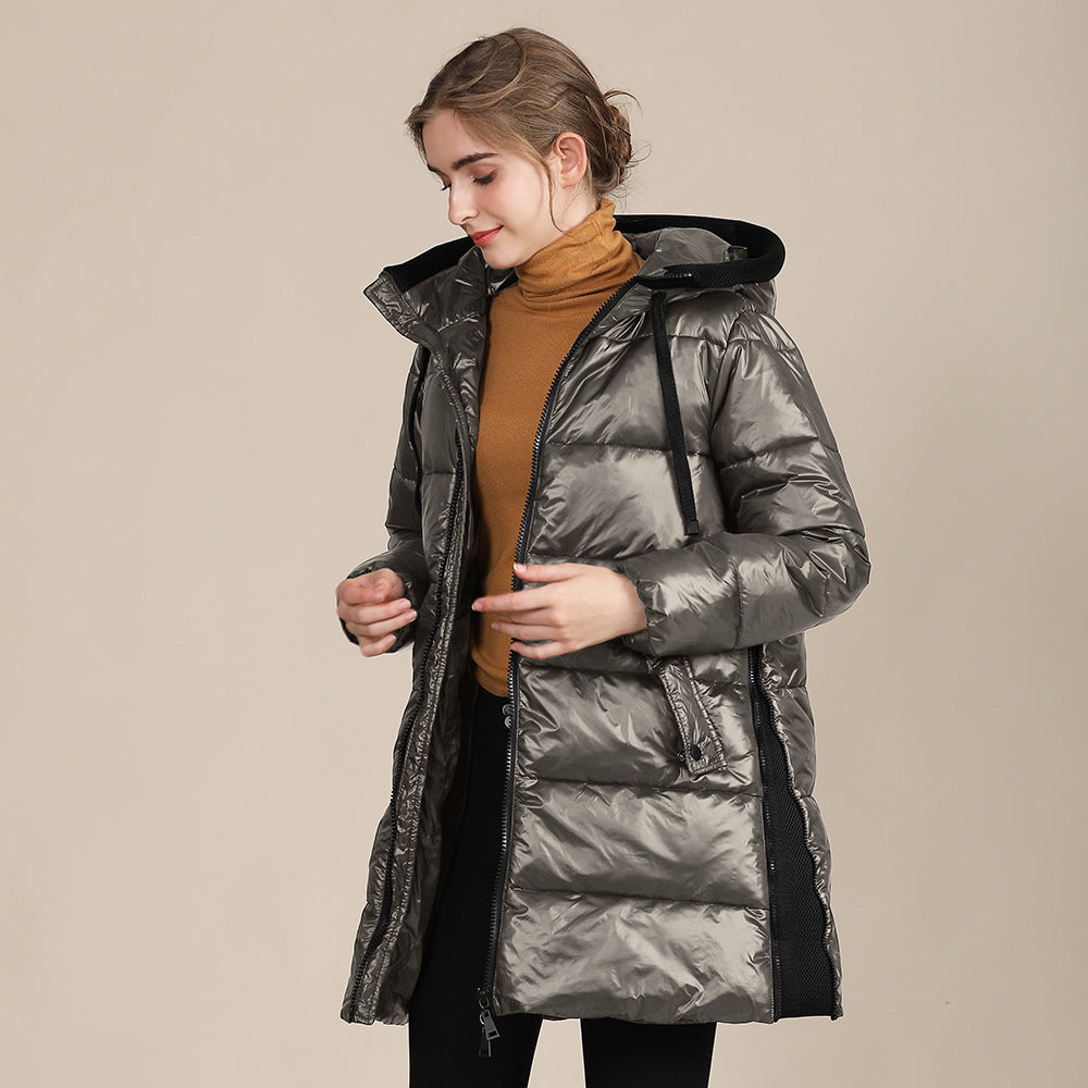 Dames Gewatteerde Nylon Glanzende Brood Hoodie Winterjas