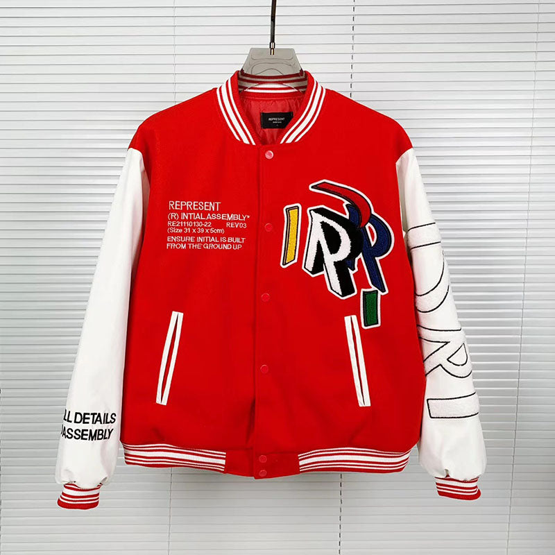 Color R Letter Embroidery Quilted Leather Sleeve Jacket Jacket Men's And Women's Baseball Uniform