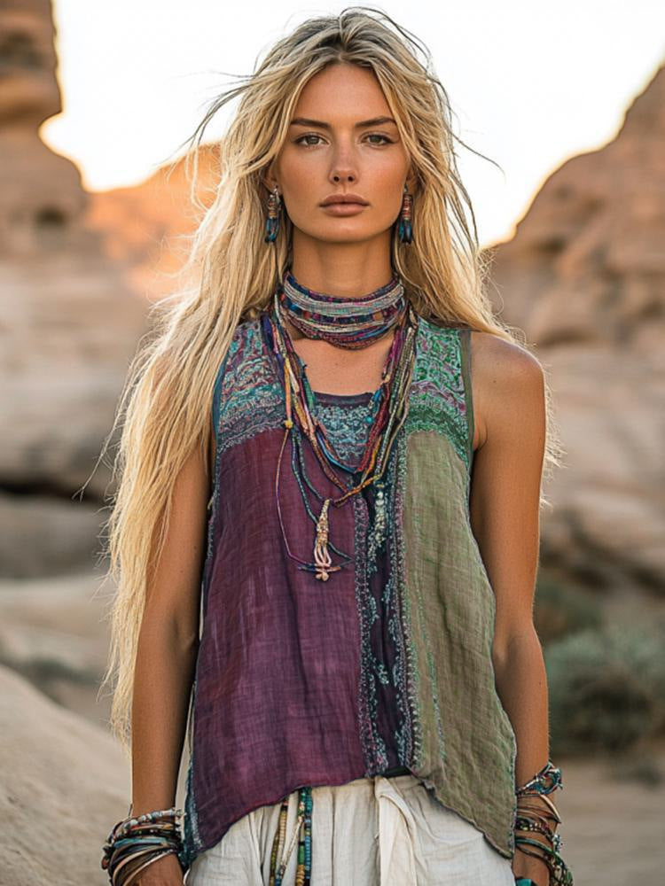 Crew-neck Tank Top With A Floral And Botanical Print