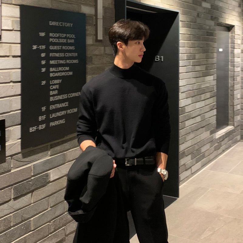 Loose Casual Solid Color Middle Neck Knitted Bottom Shirt With Long Sleeves