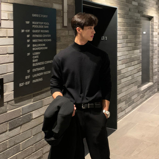 Loose Casual Solid Color Middle Neck Knitted Bottom Shirt With Long Sleeves