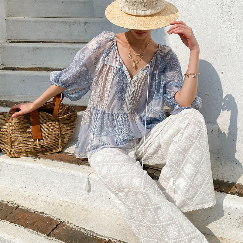 Printed Vacation-Style Blouse Womens Bohemian Sun-Protective Top